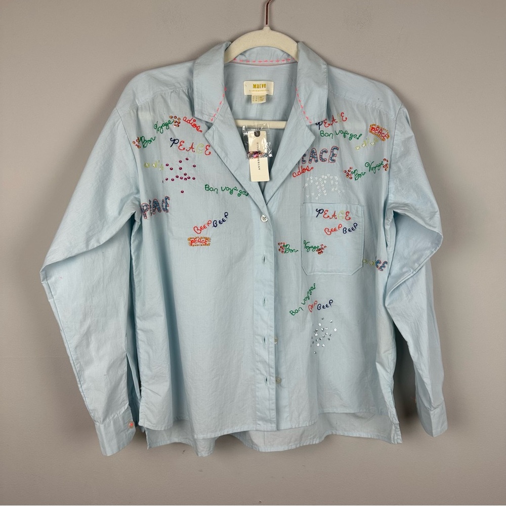 NWT Maeve by Anthropologie Embroidered “Peace” Button Down Shirt Blue Size 0